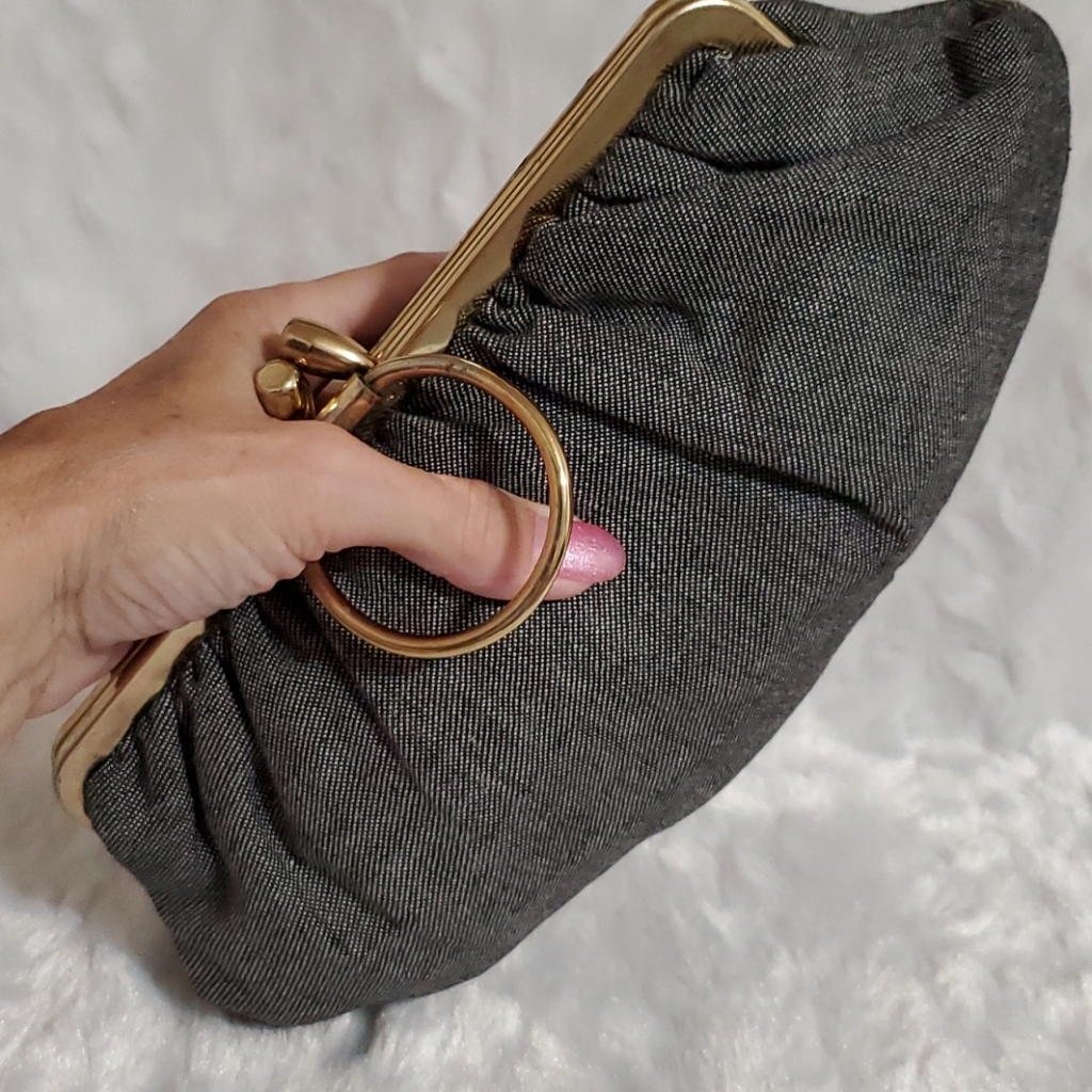 Vintage Gold Tone Hardware Black Cloth Lined Clutch Bag Metallic Ring